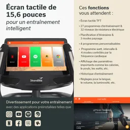 Bild eines Trainingsgeräts mit einem 15,6 Zoll Touchscreen. Der Bildschirm zeigt Apps wie Netflix, YouTube und Spotify. Informationen über Trainingsprogramme, Widerstandsstufen und Funktionen sind auf der linken Seite aufgeführt.