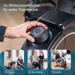 Bedienelement für den Widerstand an einem Fitnessgerät, daneben drei Personen in verschiedenen Trainingssituationen.
