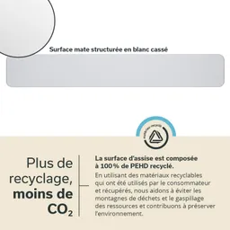 Weiße, matte Fläche mit strukturiertem Design. Text über Recycling und Umweltschutz am unteren Bildrand.