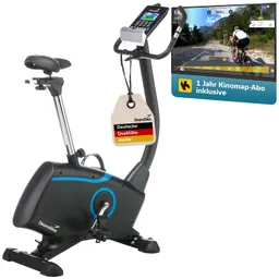 Heimtrainer mit schwarzem Rahmen, blauen Akzenten, Bildschirm und Preisschild für eine Deutsche Qualitätsmarke.