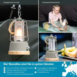 Hängelampe im Zelt, Tischlampe mit Kind und Obst im hinteren Bereich, Textinformationen über das Produkt.