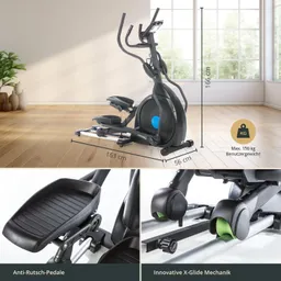 Fitnessgerät in einem hellen Raum mit Holzfußboden. Maße und Details zu Antirutsch-Pedalen und Mechanik sind sichtbar.