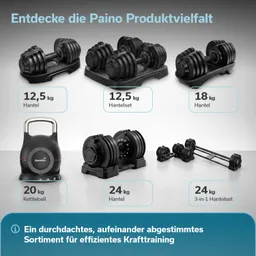 Produktübersicht mit Hanteln: 12,5 kg, 18 kg, Kettlebell 20 kg und 3-in-1 Hantelset 24 kg. Schwarz auf hellem Hintergrund.