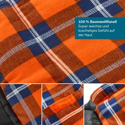 Flanellstoff in orange, blau und weiß mit einem Karomuster. Textur ist weich und kuschelig. Logo und Beschreibung oben rechts.