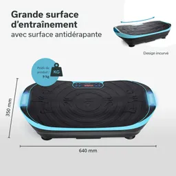 Vibrationsplatte mit rutschfester Oberfläche, abgerundeten Kanten, Digitalanzeige und den Maßen 640 mm x 350 mm. Gewicht: 9 kg.