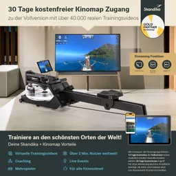 Rudergerät mit transparentem Wassertank, daneben ein Fernseher, der ein Rudertrainingsvideo zeigt. Textinformationen zu Kinomap und Skandika.