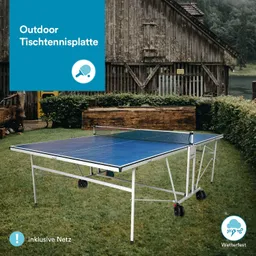 Outdoor Tischtennisplatte mit blauer Oberfläche, auf einem Rasen vor einem Holzgebäude.
