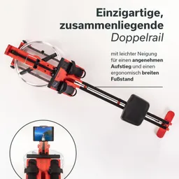 Rudermaschine mit rotem Gestell, transparentem Wasserbehälter und einem Tablet-Halter. Ergonomischer Sitz und breiter Fußstand.
