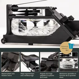 Wassertank-Rudergerät aus schwarzem Material mit transparentem Wasserbehälter. Ergonomischer Sitz und verstellbare Fußstützen.