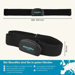 Schwarze, elastische Sportband mit Sensor in der Mitte. Maße 600–920 mm lang und 30 mm hoch. Text und Symbole daneben.