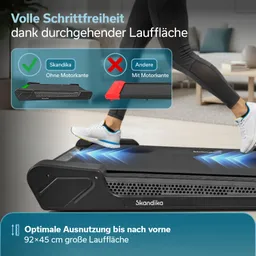 Laufband mit durchgehender Fläche, neben Vergleich zu einem anderen Gerät mit Motorkante. Person im Vordergrund läuft.