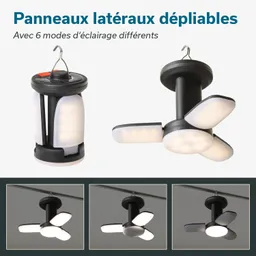 Faltbare LED-Lampe mit einem zentralen Körper und vier ausklappbaren Lichtpaneelen. Untere Bilder zeigen Belichtungsvariationen.