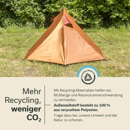 Ein orangefarbenes Zelt steht auf einer Wiese mit grünen Pflanzen im Hintergrund. Text beschreibt den Recyclingansatz des Materials.