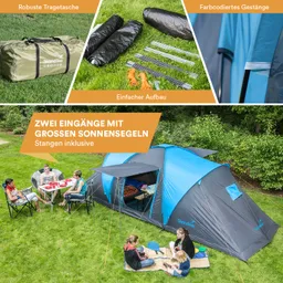 Zelt in Graublau mit zwei Eingängen und Sonnensegeln. Robuste Tragetasche und diverses Zubehör auf Wiese. Sitzgruppe aus Klappstühlen.