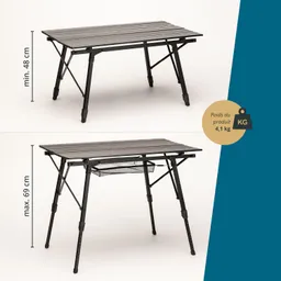 Klappbarer Tisch mit einstellbarer Höhe (48 cm bis 69 cm) und einem integrierten Netz zur Lagerung. Gewicht: 4,1 kg.