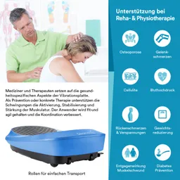 Vibrationsplatte in blauer Farbe, daneben eine Person, die eine andere Person in einer Therapieposition unterstützt. Informative Texte sind sichtbar.