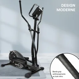 Kreuztrainer in Schwarz mit modernen Bewegungsarmen und Bildschirm. Teppichboden und helle Wand im Hintergrund.
