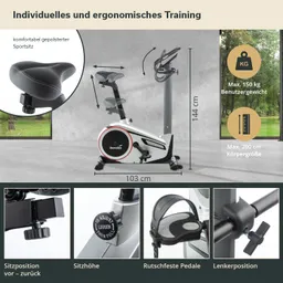 Ergometer mit gepolstertem Sitz, verstellbaren Pedalen und Lenkerposition, Maßen und Benutzergewichtsinformationen.