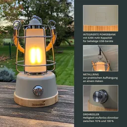 Eine tragbare Laterne mit einem runden Lampenschirm, einem Metallgitter und einem Holzsockel. Sie leuchtet sanft und hat einen Drehregler.