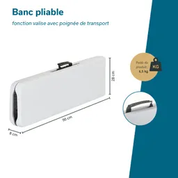 Faltbarer Bank in Weiß, als Koffer gestaltet, mit Transportgriff. Maße: 90 cm x 28 cm x 8 cm, Gewicht: 6,5 kg.