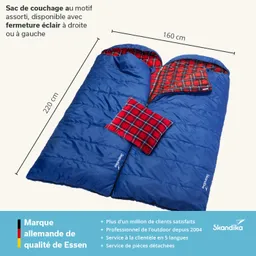 Blauer Schlafsack mit kariertem Innenfutter, der im offenen Zustand abgebildet ist. Dazu ein Kissen im gleichen karierten Muster.