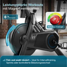 Fitnessgerät mit Magnetbremssystem, 8 kg Schwungmassetraining, stufenloser Drehregler, in Innenraumatmosphäre.