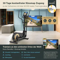 Ein Heimtrainer steht in einem modernen Raum. Auf einem Bildschirm im Hintergrund sind eine Trainingsszene und ein Laufender zu sehen. Rechts sind Informationen über die Kinomap-Vorteile und Streaming-Funktionen abgebildet.
