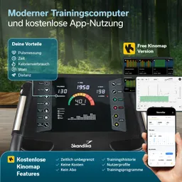 Modernes Display eines Trainingscomputers mit Informationsanzeigen zu Puls, Zeit, Kalorien und mehr. Neben Display wird eine mobile App gezeigt.