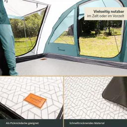 Graues Zelt mit Fenster und grafischem Bodenbelag. Detailansicht des Materials und Logo „skandika“. Schnelltrocknend.