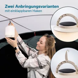 Tragbare Lampe mit zwei Anbringungsvarianten. Person befestigt die Lampe im Zelt. Hintergrund ist ein Zeltinnenteil.