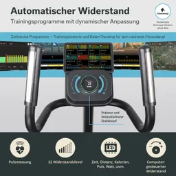 Trainingseinheit auf einem Fitnessgerät mit Display. Informationen zu Widerstandslevel, Puls und Trainingsdaten sind abgebildet.