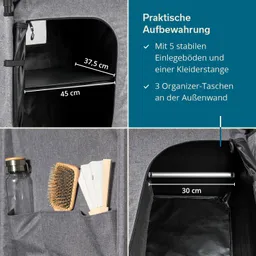 Graue Aufbewahrungslösung mit Innenfächern, einer Kleiderstange und drei Außentaschen. Enthält Wasserflasche, Haarbürste und Fächer.
