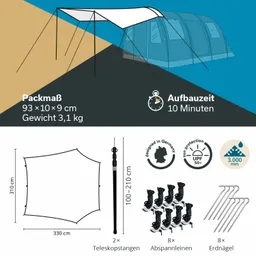 Zelt mit aufgestelltem Sonnenschutz, Maßen und Gewicht angegeben, Teleskopstangen, Spannleinen und Erdnägel erkennbar.
