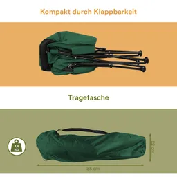 Grüne zusammengeklappte Tragetasche mit Maßangaben. Gewicht 3,8 kg, Länge 85 cm und Höhe 22 cm.