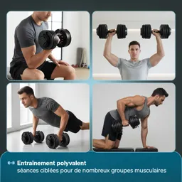 Vier Bilder zeigen männliche Personen beim Krafttraining mit Hanteln. Oben links wird eine Hantelbizepsübung ausgeführt, oben rechts eine Überkopfdrückübung. Unten links sind Liegestütze auf Hanteln zu sehen, und unten rechts eine Ruderübung.