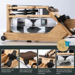 Rudergerät aus Holz mit Wassertank, ergonomischem Sitz, Fußstützen und verstellbarem Widerstand. 15 Liter Wasservolumen sichtbar.