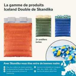 Produktübersicht mit vier farbigen Schlafsäcken in verschiedenen Designs, darunter orange, grün, blau und gemusterte Kissen.