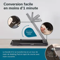 Treadmill mit klappbarem Handlauf und magnetischem Schlüsselhalter. Grafiken zeigen Umwandlungsmechanismus.
