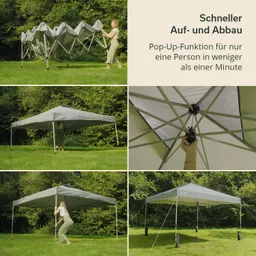 Graues Pop-Up-Zelt auf einer Wiese, umgeben von Bäumen. Eine Person montiert das Zelt. Detailaufnahme des Zeltinneren angezeigt.