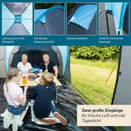 Zeltinnensicht mit einer Familie am Tisch, umgeben von Essen und Getränken, auf einer Wiese.