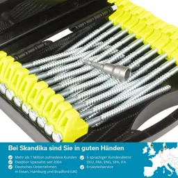 Bilder von Schrauben in einer Werkzeugkiste mit gelben Halterungen und einem Sechskantschlüssel. Hintergrund in grau.