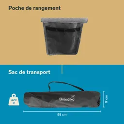 Schwarze Tasche mit Tragegriff (98 cm, 420 g) und grauer Aufbewahrungstasche auf beigem Hintergrund.