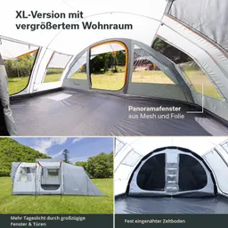 Zelt mit vergrößertem Wohnraum, Panorama- und Mesh-Fenster, im Hintergrund Grünflächen und Bäume. Bodenansicht sichtbar.