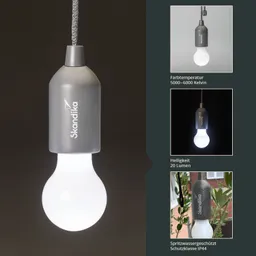 Eine graue Lampenfassung hängt mit einem Kabel von der Decke, die Glühbirne ist leuchtend. Im Hintergrund stehen zusätzlich Informationen zur Beleuchtung.