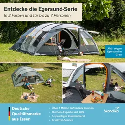 Zelt der Egersund-Serie in grau, umgeben von Grün. Auf dem Rasen stehen ein Tisch mit Essen, Stühle und Personen.