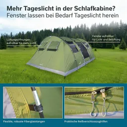 Zelt in grüner Farbe auf einer Wiese, umgeben von Bäumen. Detailansichten von Fiberglastangen und Reißverschlüssen.