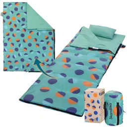 Schlafsack mit bunten Punkten in Blau, Orange und Türkis, teilweise ausgerollt und neben einer Verpackung sichtbar.
