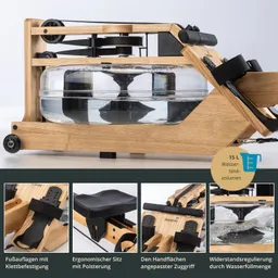 Wassertretgerät aus Holz mit durchsichtigem Wassertank, ergonomischem Sitz und verstellbaren Fußplatten, 15 Liter Volumen.
