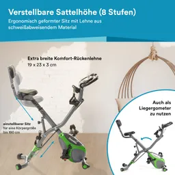 Ergometer mit verstellbarer Sattelhöhe, breiter Rückenlehne und stabiler Struktur, vor einer hellen Wand präsentiert.