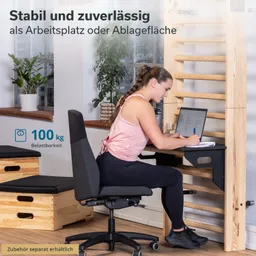 Eine Person sitzt an einem Schreibtisch und arbeitet am Laptop. Im Hintergrund steht eine Wand mit Holzregalen und Pflanzen.